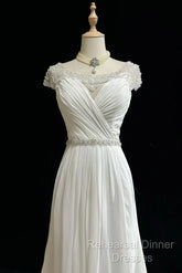 White Elegant A-Line Chiffon V-Neck Long Semi Formal Prom Dress With Beading Simple Wedding Dress
